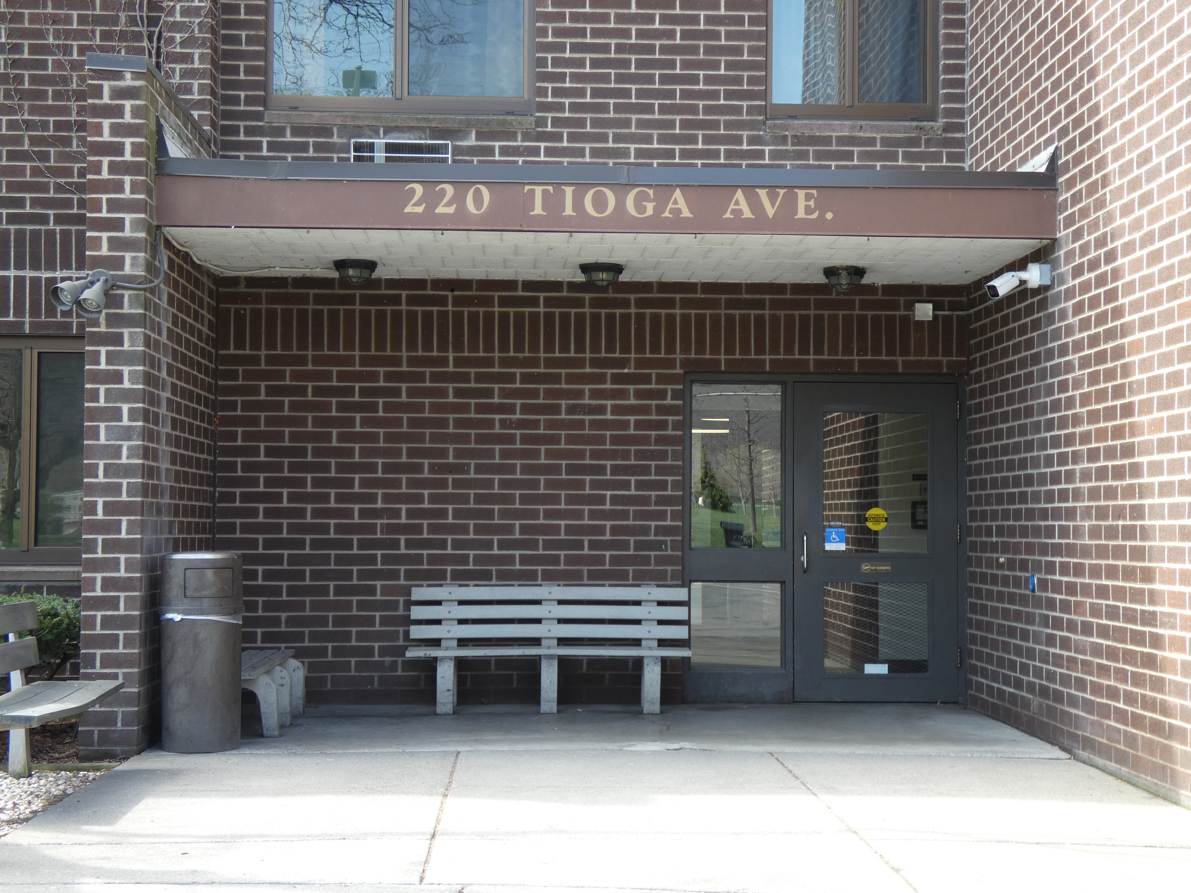 Entrance area of a multistory apartment building in Corning, New York.