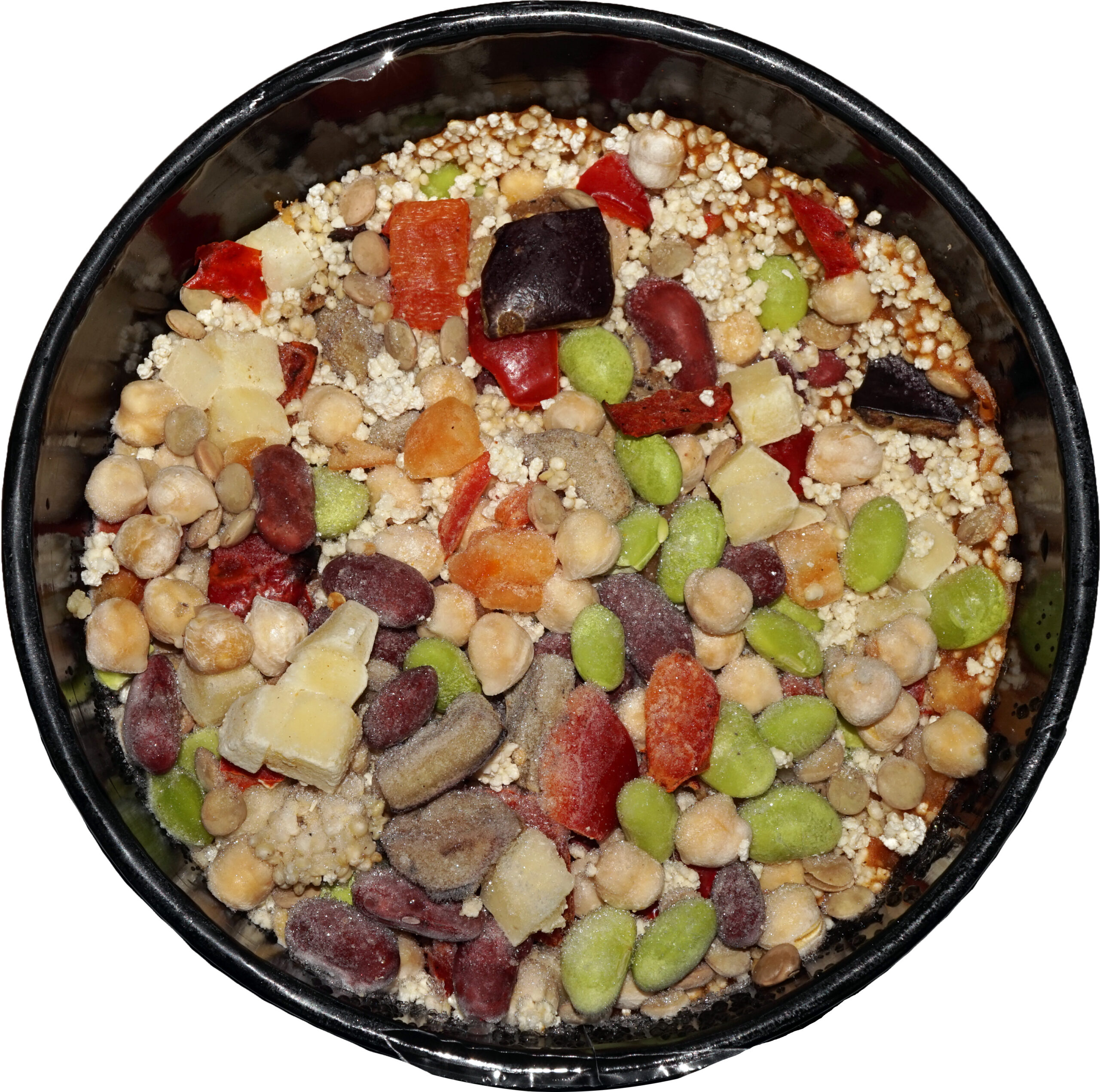 Prepared chickpea, bean and lentil stew in a food tray.